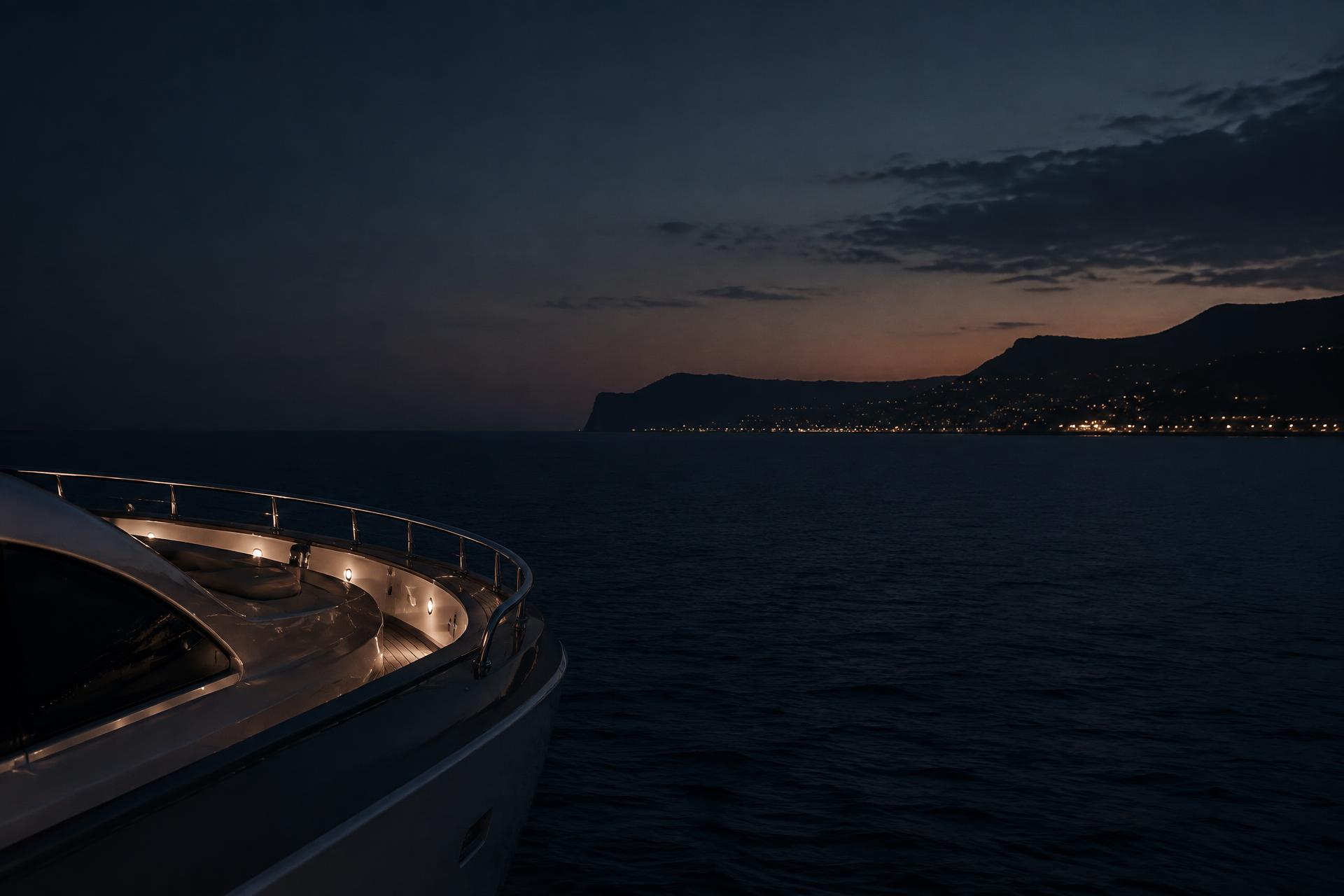 Superyacht at dusk off the Mediterranean coast