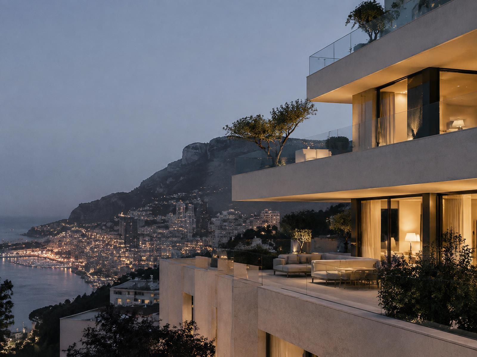Monaco hillside architecture at blue hour